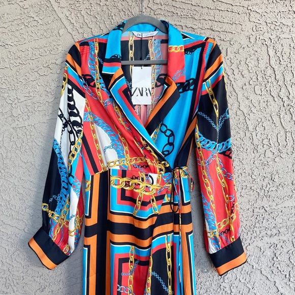 ZARA NWT BLOGGER FAVE Blue & Orange Chain Print Scarf Midi Shirt Dress Sz S - Picture 7 of 13